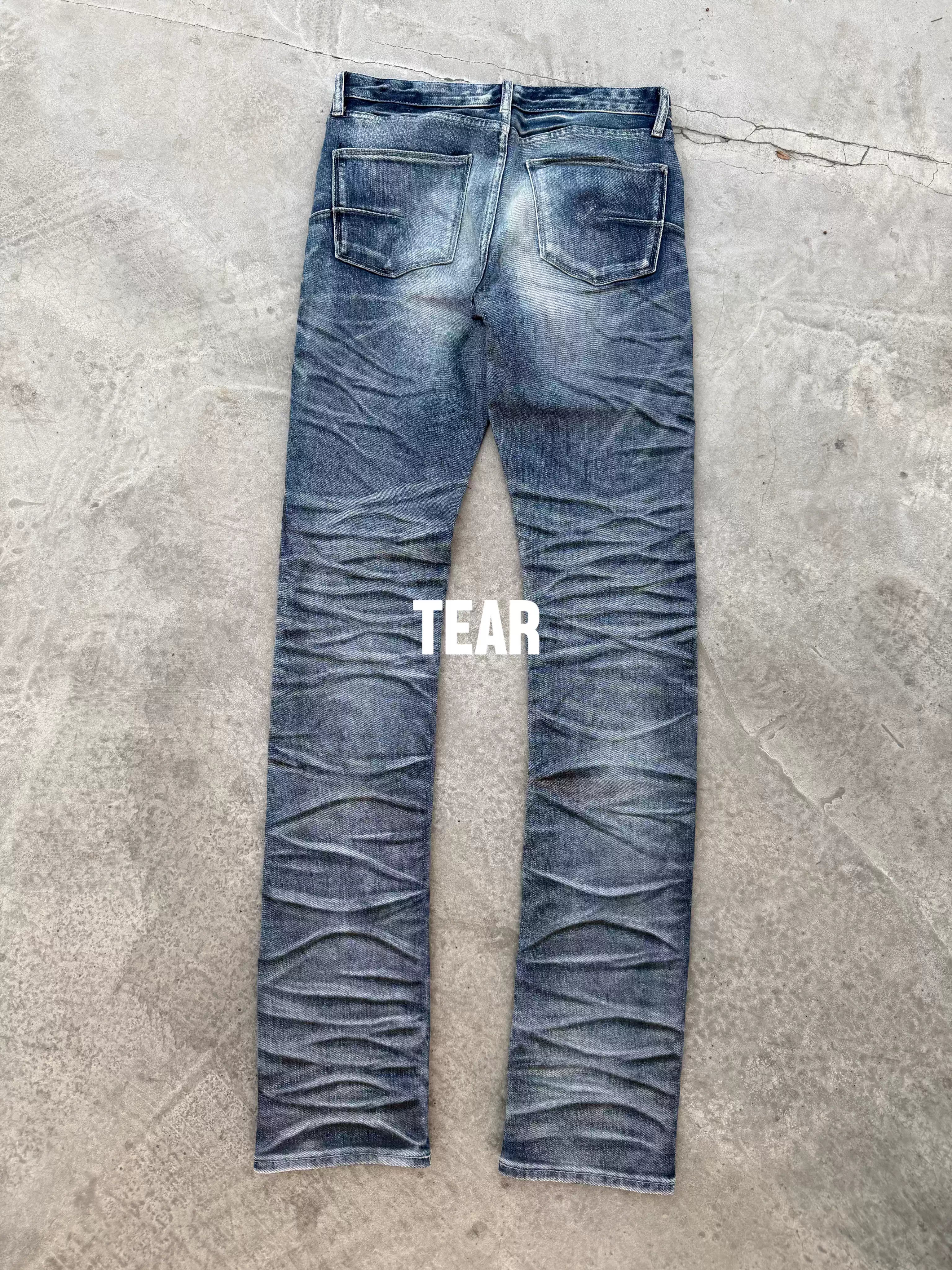 Torn Heaven TEAR Ripped Blue Wavy Whipstitch & Glitter Slim Fit Jeans Long Pants Skinny-Tri