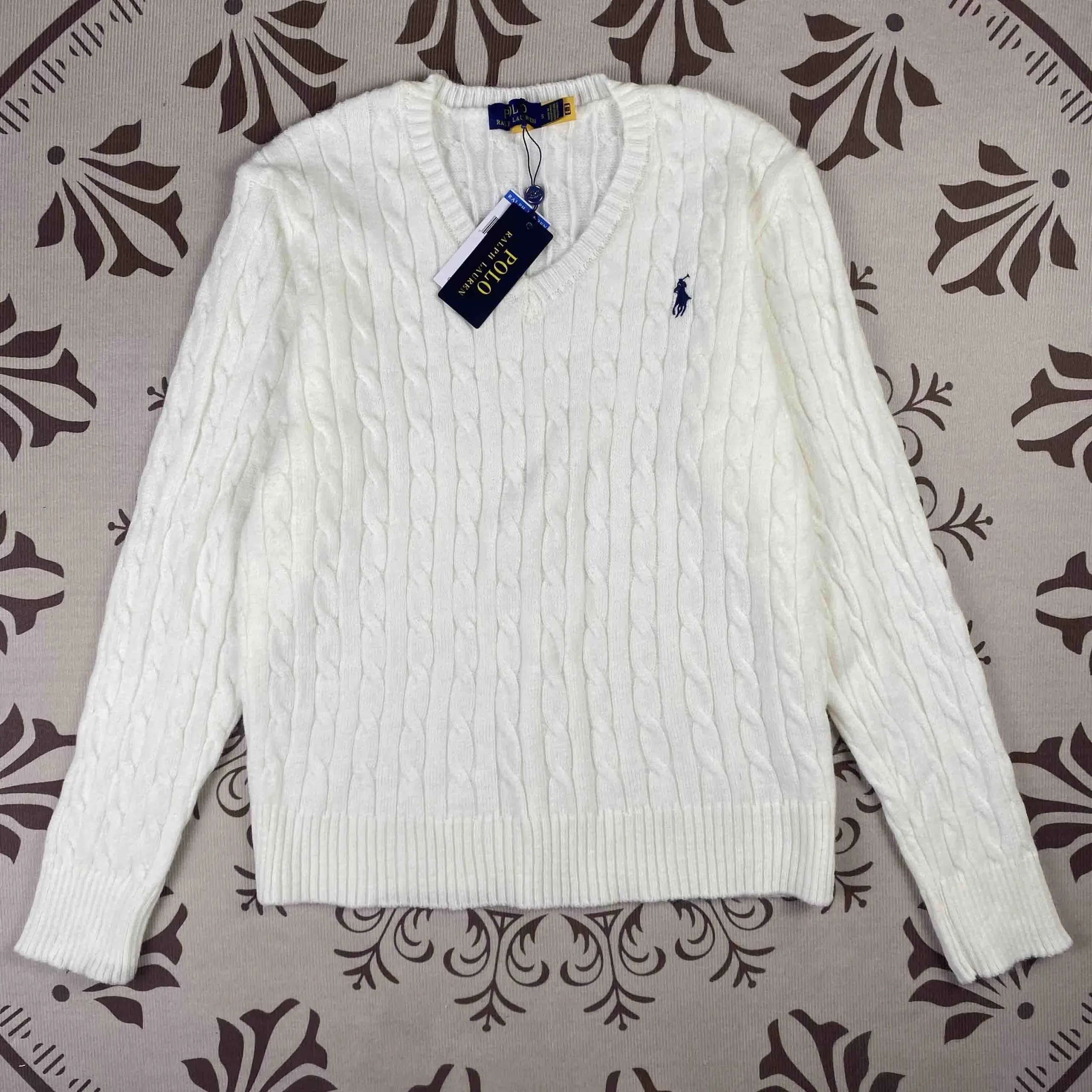 Ralph Lauren White Cable Knit V-Neck Sweater