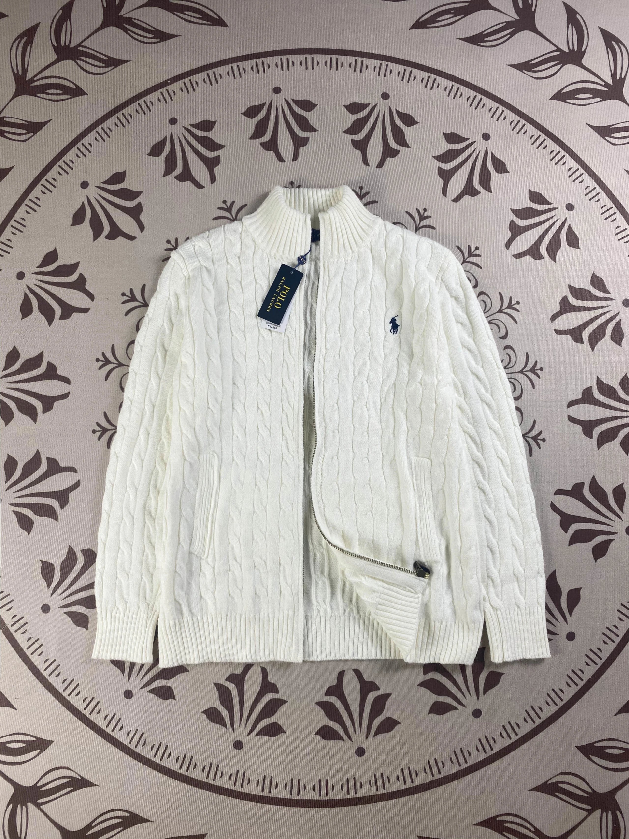 Polo Ralph Lauren White Cable Knit Zip-Up Sweater