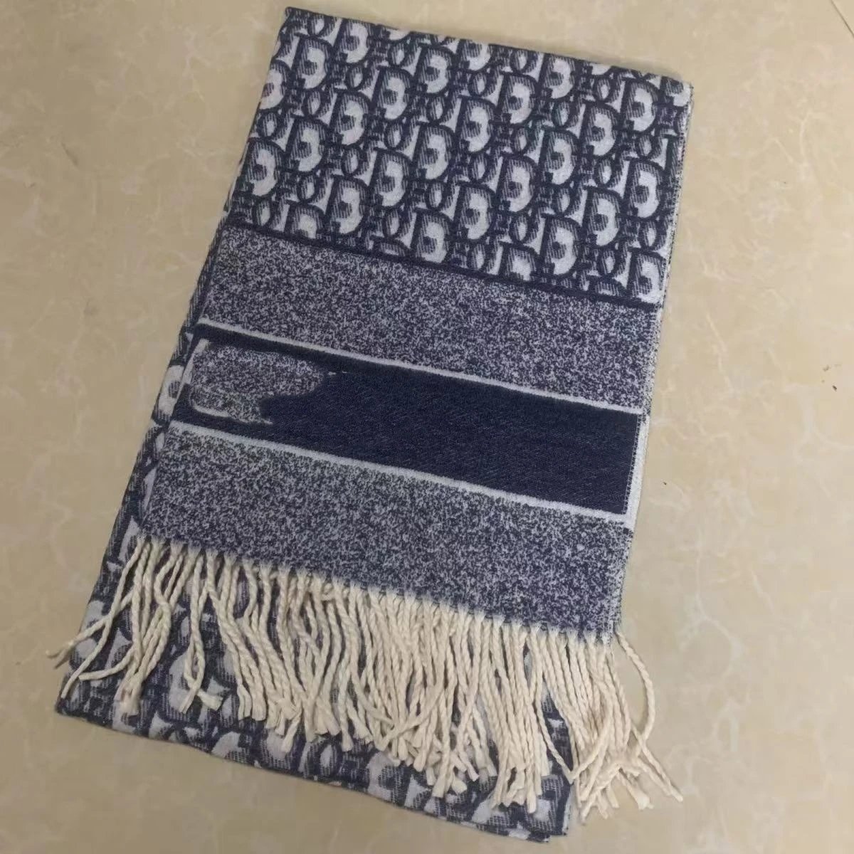 Dior Blue Patterned Scarf with Fringe Edges