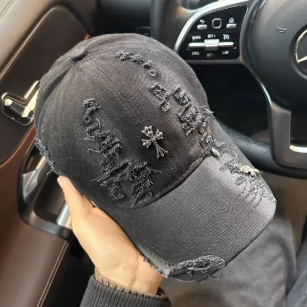 Chrome Hearts Distressed Embroidered Cross Baseball Cap Black Hats - 1