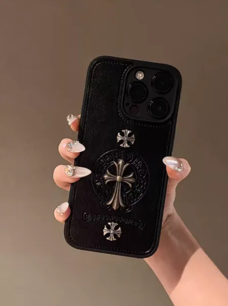 Chrome Hearts Cross Motif Leather Phone Case Black Phone Accessories - 1