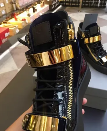 Design Giuseppe Zanotti Decolleté High-Top Sneaker Black Gold Patent Leather Boots - 1