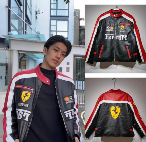 Ferrari Racing Leather Jacket Black Red White