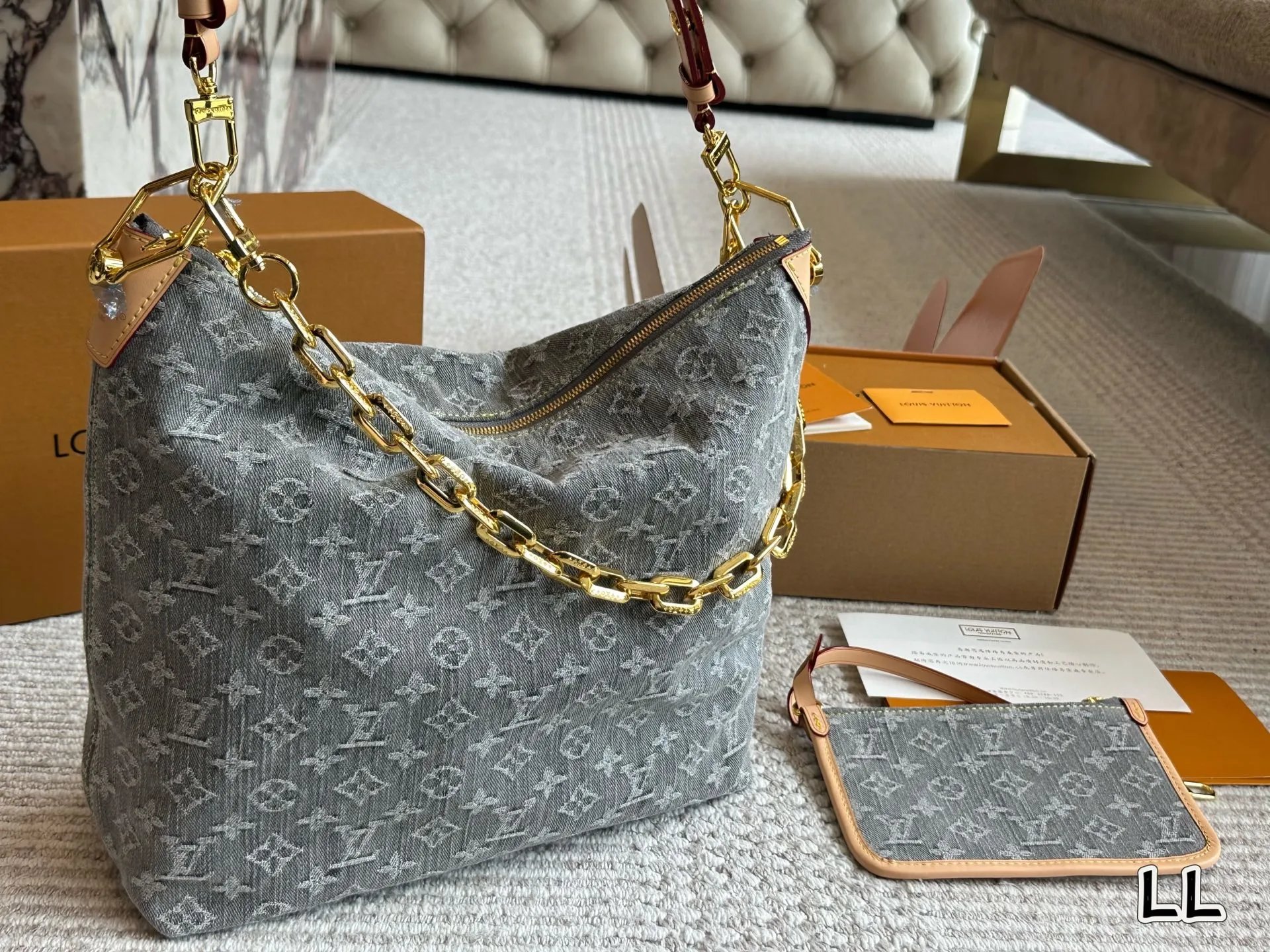 Louis Vuitton Grey Monogram Canvas Hobo Bag with Gold Chain Strap - 133669