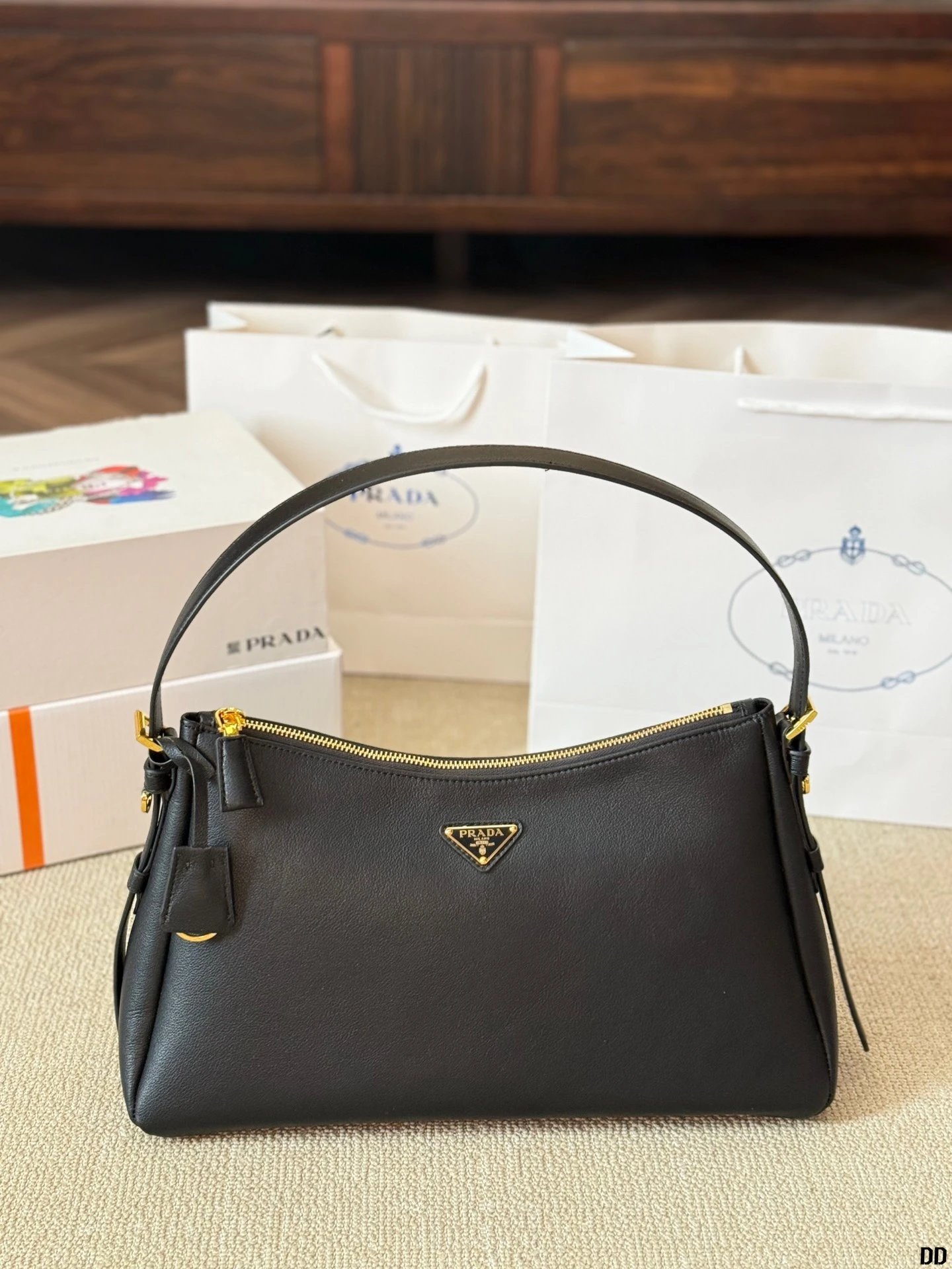 Prada Black Leather Shoulder Bag with Gold Hardware - 132773
