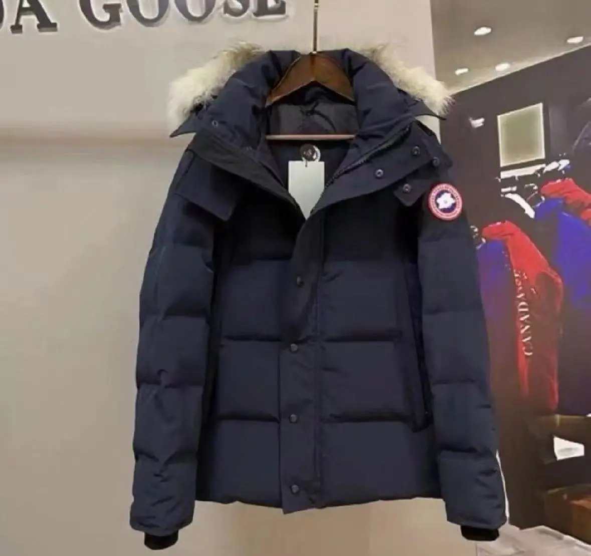 Navy blue with fur collar