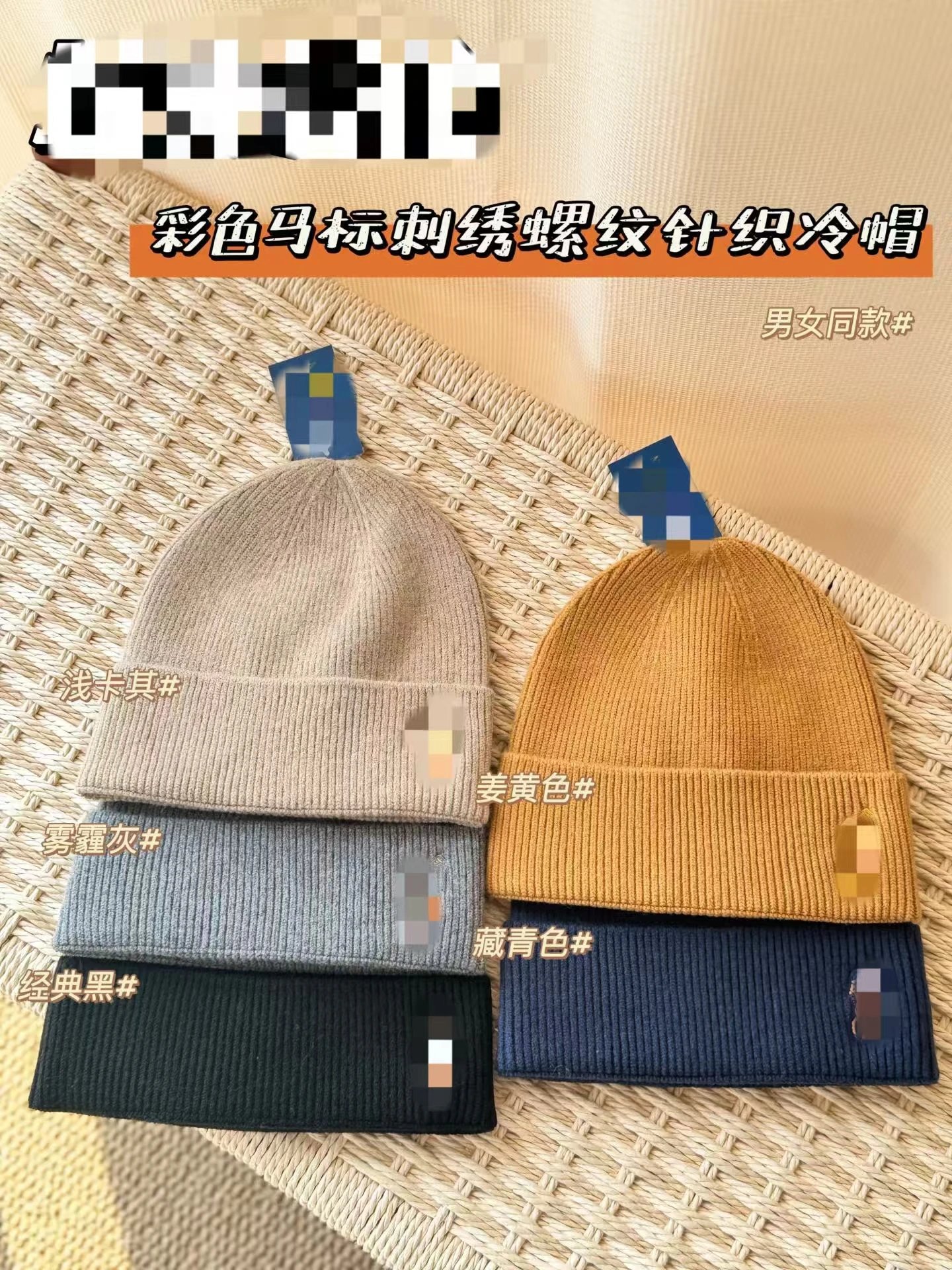Rib Knit Beanie with Colored Horse Logo 彩马标螺纹针织冷帽 V