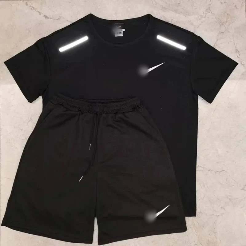 Reflective Checkmark Quick-Dry Short Sleeve Set - Black