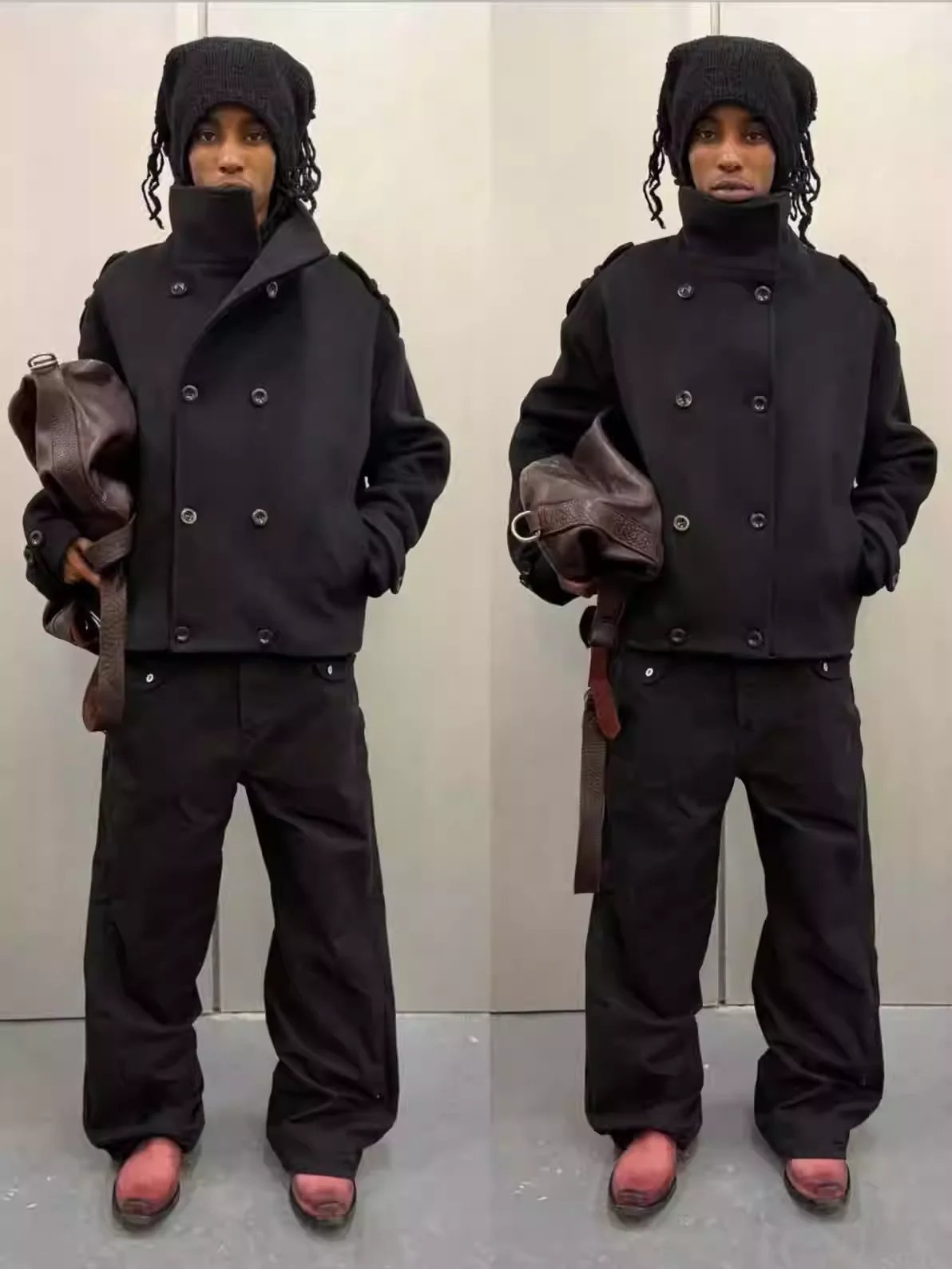 Multi-Button Jacket Black Grey High Neck Stand Collar Cropped Wool Coat Men Old Money Style