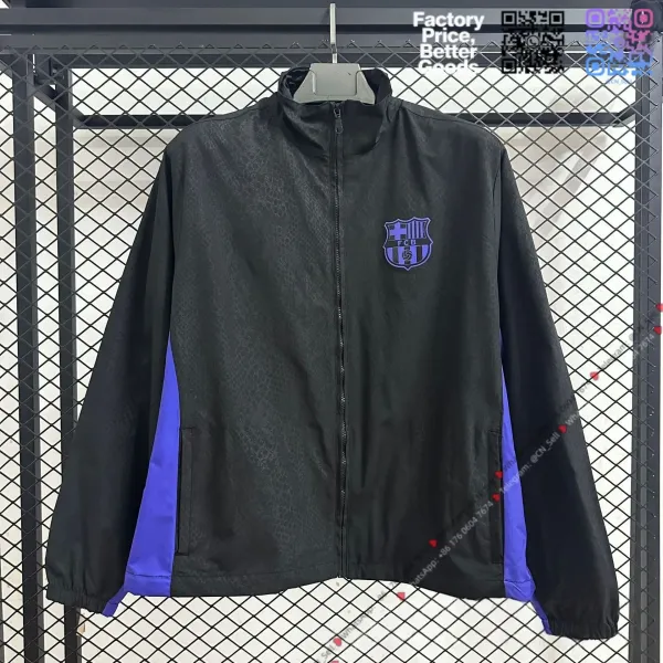 FC Barcelona Windbreaker Jacket Black with Royal Blue Panels Outerwear - 1