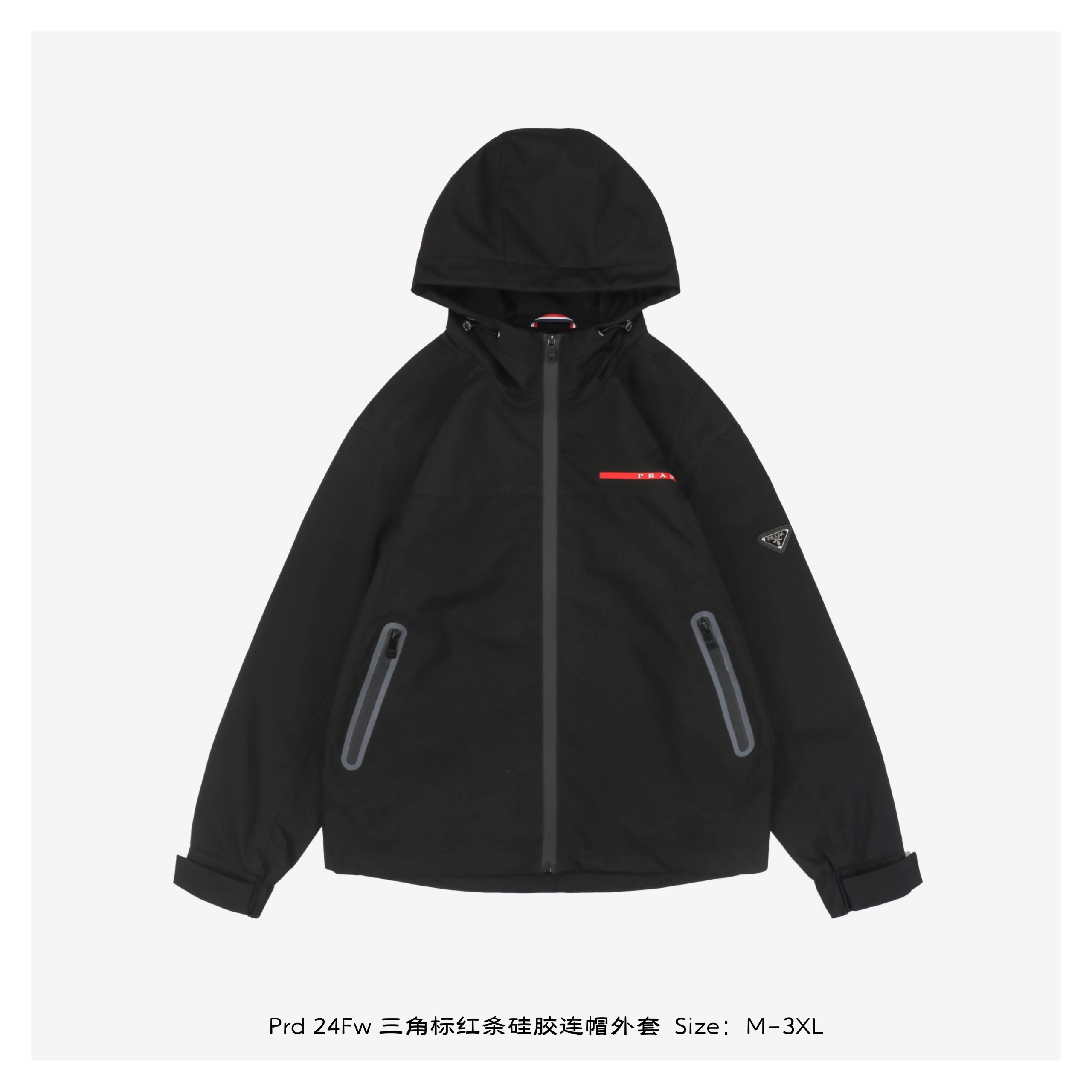Prd 24Fw Triangle Logo Red Stripe Silicone Hooded Jacket Black