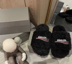 thumbnail for [ABC19-4] autumn and winter wool slippers women's casual wear embroidered letters one-word couple fur slippers