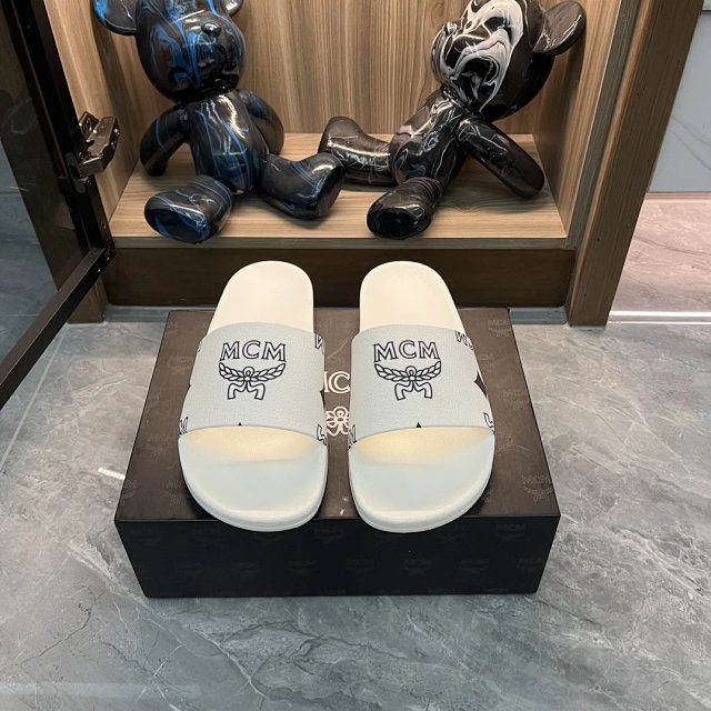 MCM MCM White Logo Print Unisex Leather Slides Sandals - Buy on Kakobuysheetfind