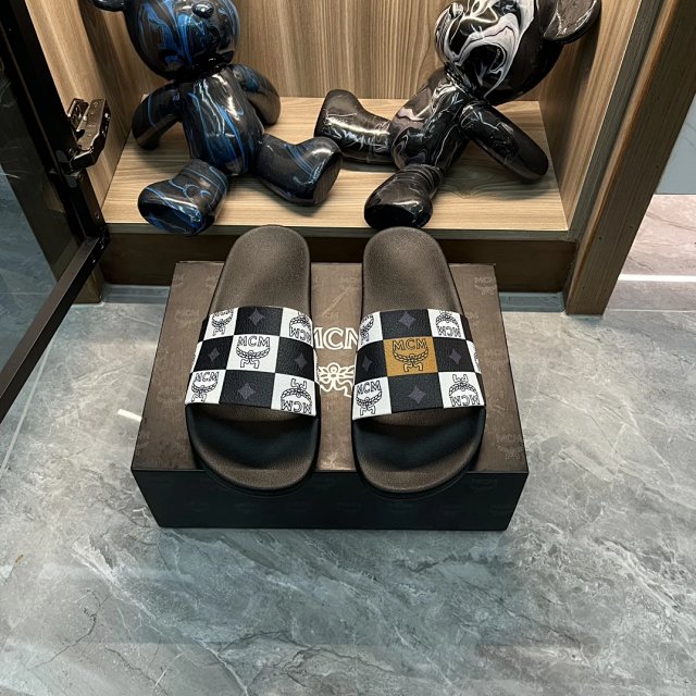 MCM MCM Checkerboard Black White Logo Leather Slide Sandals - Buy on Kakobuysheetfind