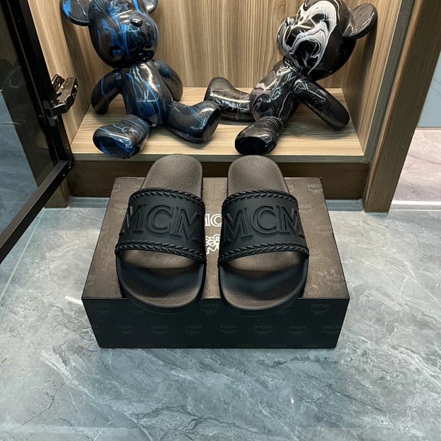 MCM MCM Black Leather Logo Embossed Unisex Slides Sandals - Buy on Kakobuysheetfind