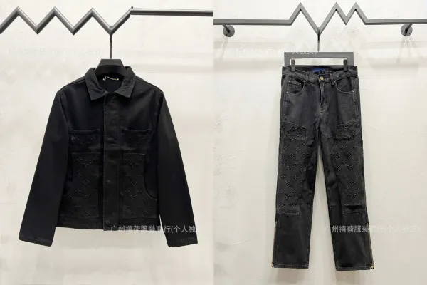 Louis Vuitton Monogram Embossed Black Denim Jacket and Jeans Set - 1