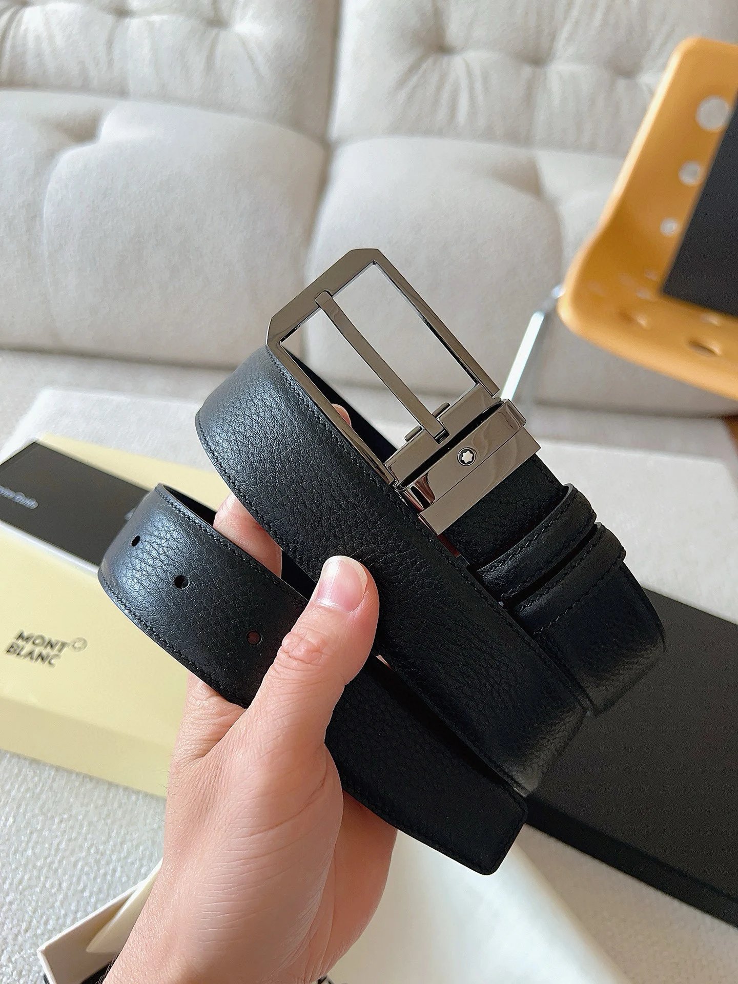 Montblanc Montblanc Black Grain Leather Belt with Silver Buckle Black