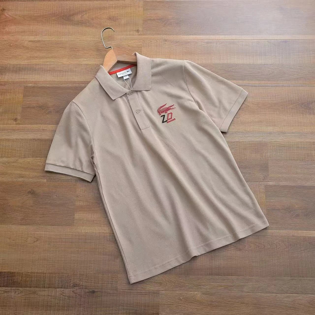 Lacoste Polo Shirt Black Beige Embroidered Crocodile Logo Classic