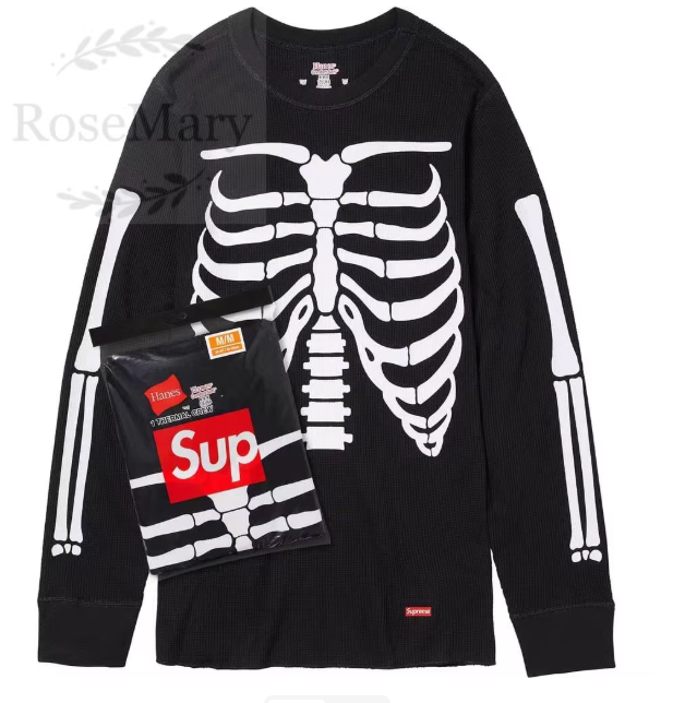 Supreme Ribbed Long Sleeve Tee Blue Black Cream Skeleton Print