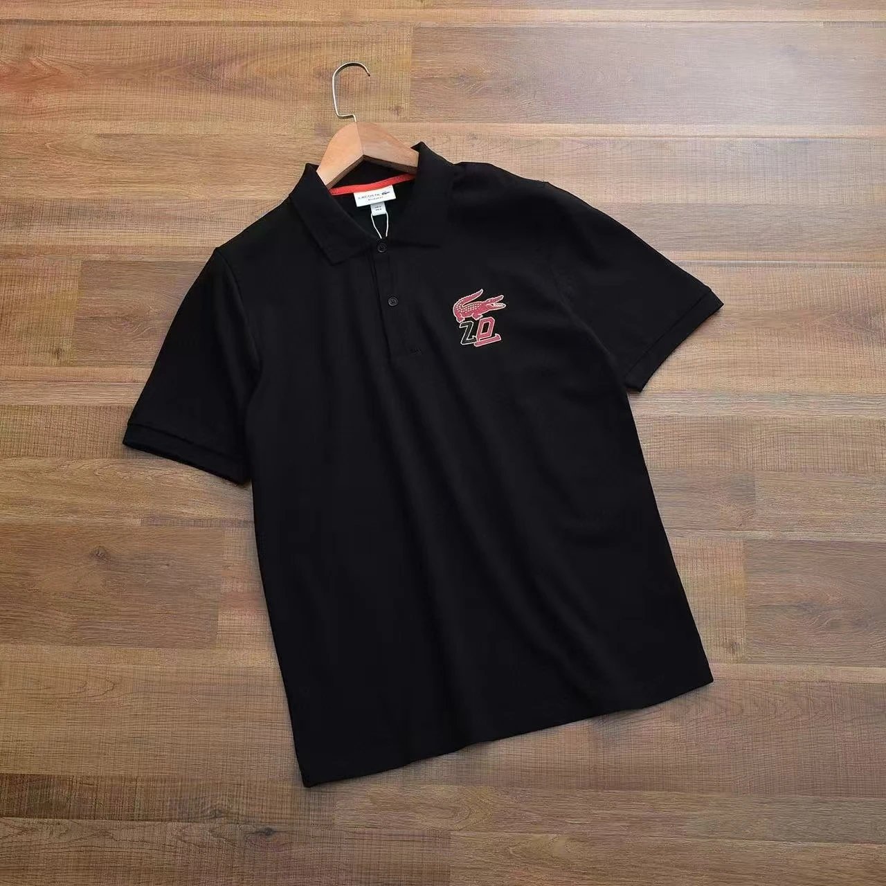 Lacoste Polo Shirt Black Beige Embroidered Crocodile Logo Classic