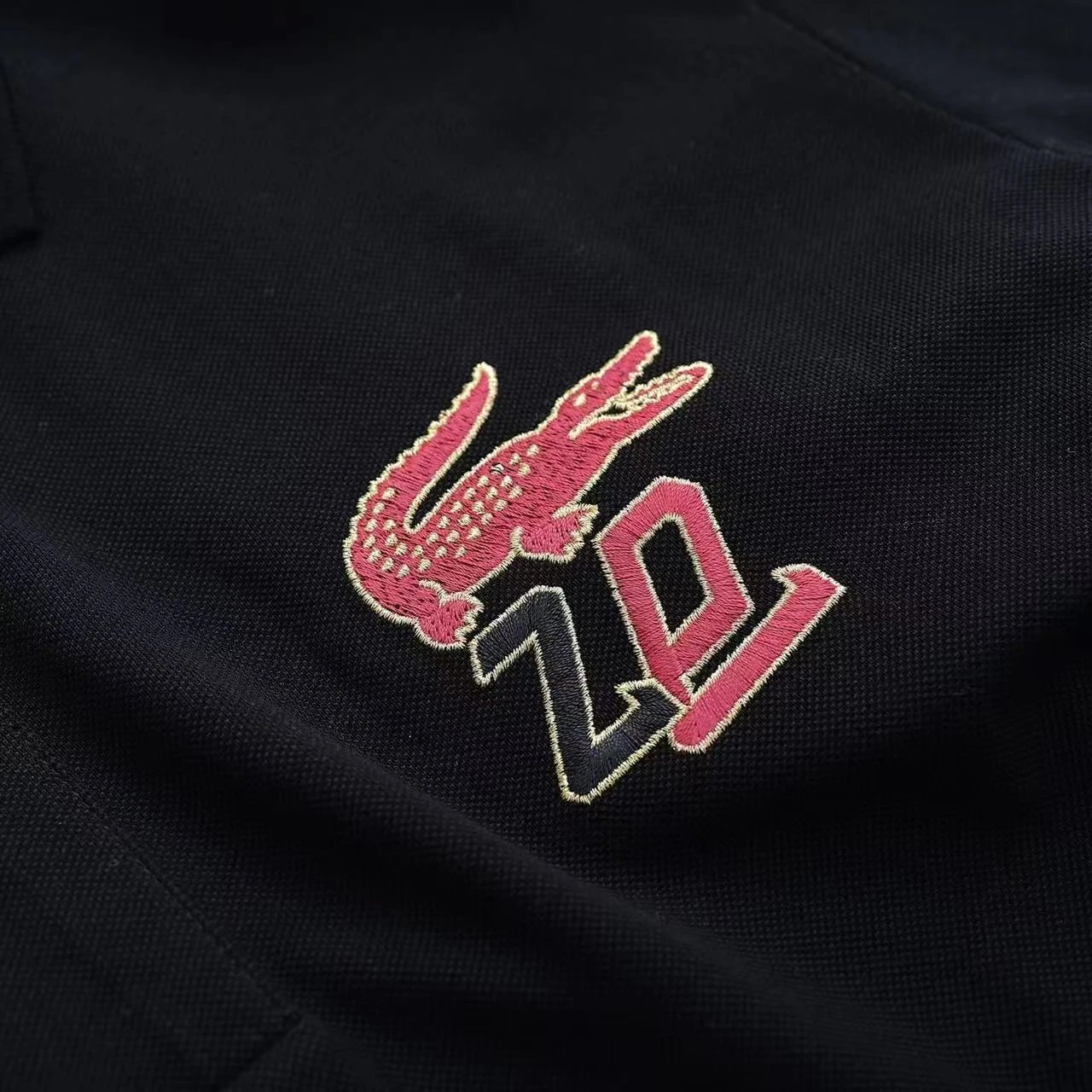 Lacoste Polo Shirt Black Beige Embroidered Crocodile Logo Classic
