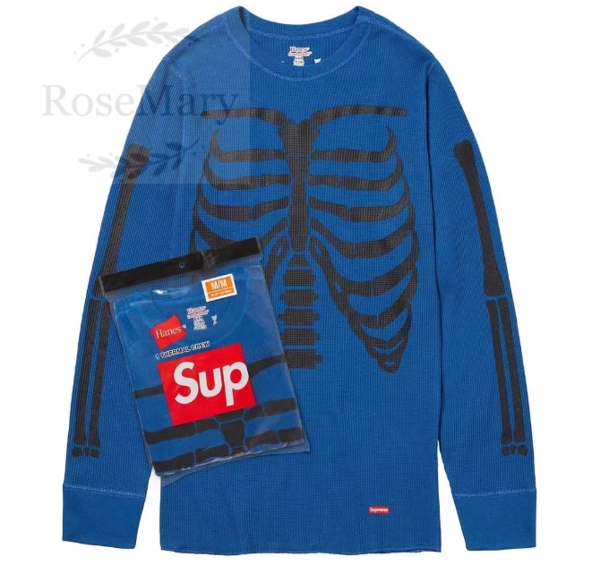 Supreme Ribbed Long Sleeve Tee Blue Black Cream Skeleton Print