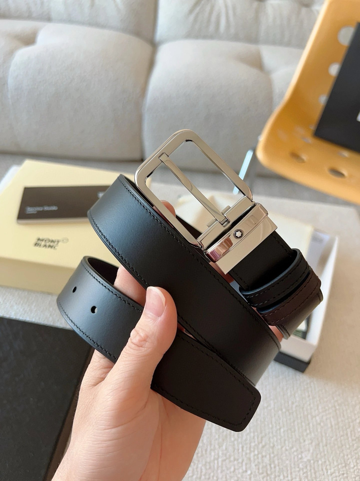 Montblanc Montblanc Black Leather Belt with Silver Buckle Black