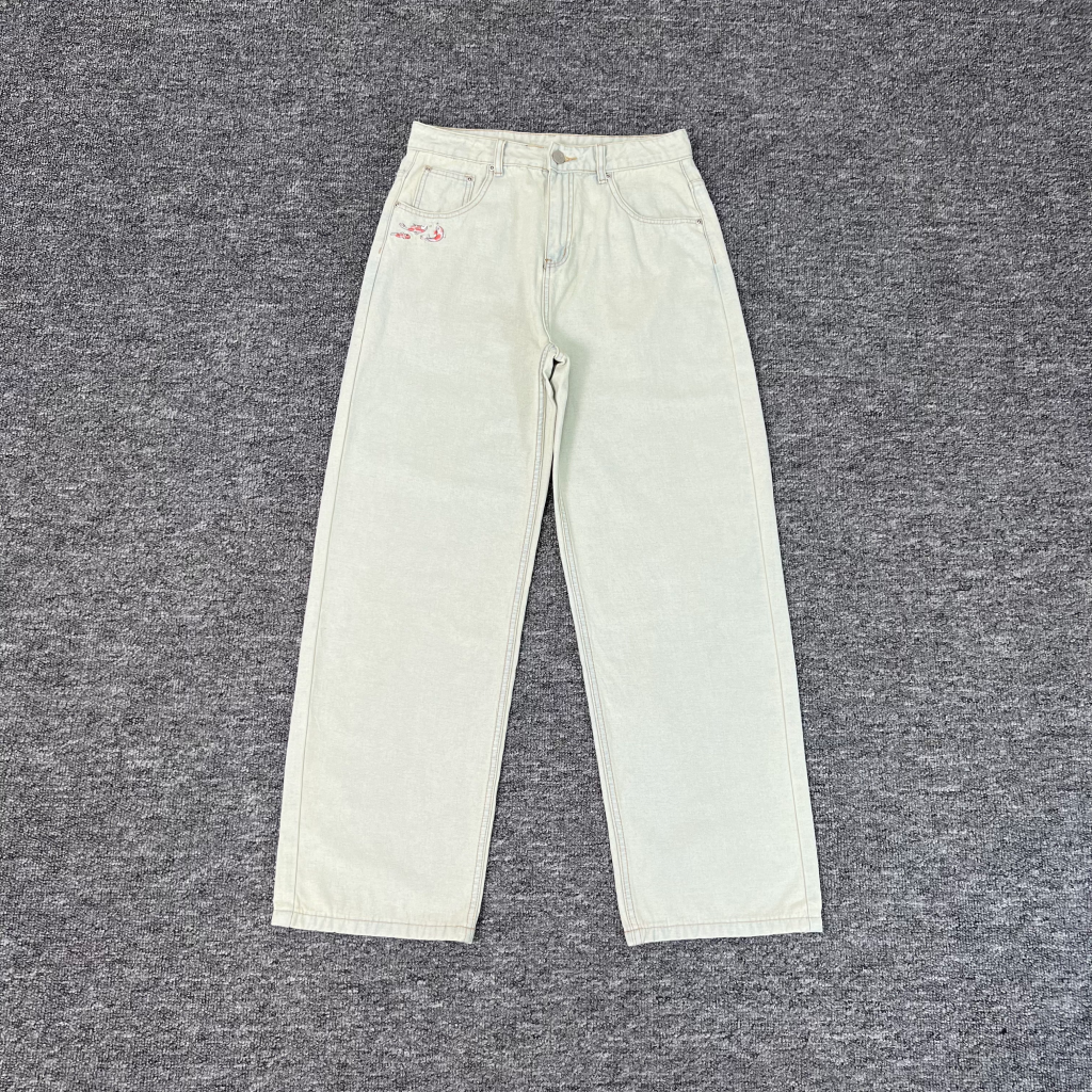 Denim Straight Cut Off-White Embroidered Jeans