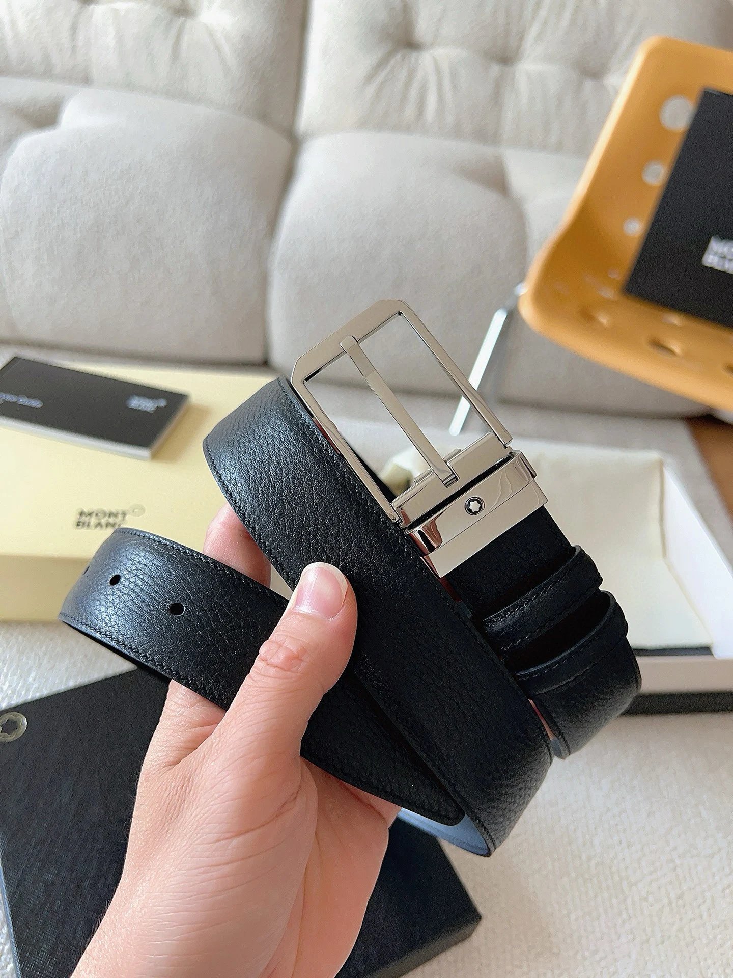 Montblanc Montblanc Black Leather Belt with Silver Buckle Black