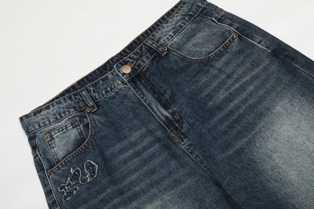 Denim Straight Cut Off-White Embroidered Jeans
