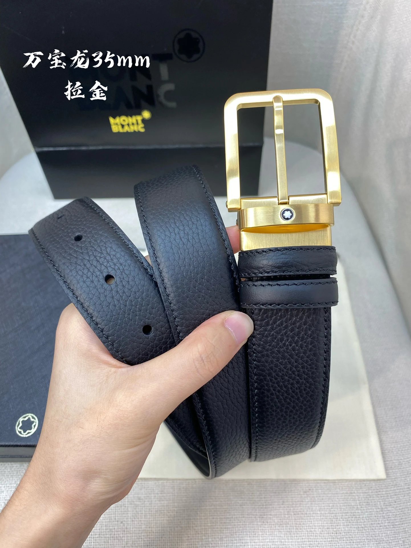 Montblanc Montblanc Black Leather Belt with Gold Buckle, 35mm Black