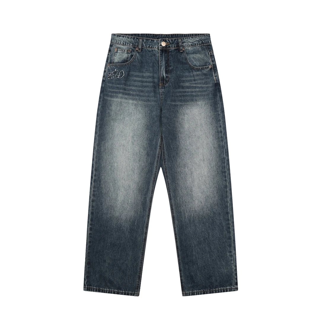 Denim Straight Cut Off-White Embroidered Jeans