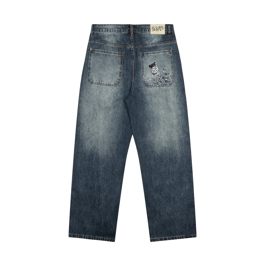 Denim Straight Cut Off-White Embroidered Jeans