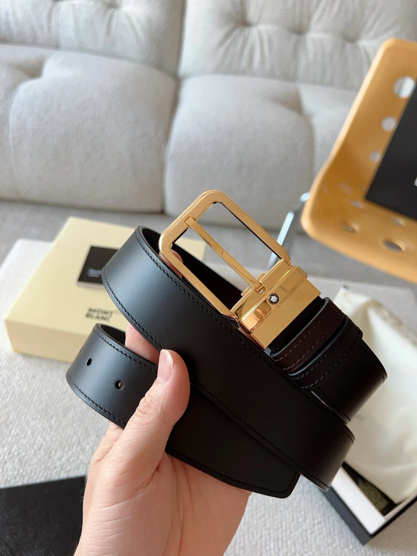 Montblanc Montblanc Black Leather Belt with Gold Buckle Black