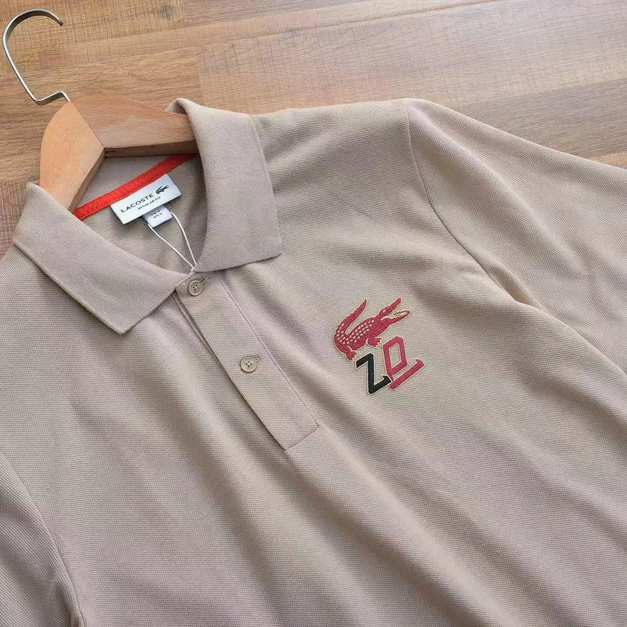 Lacoste Polo Shirt Black Beige Embroidered Crocodile Logo Classic