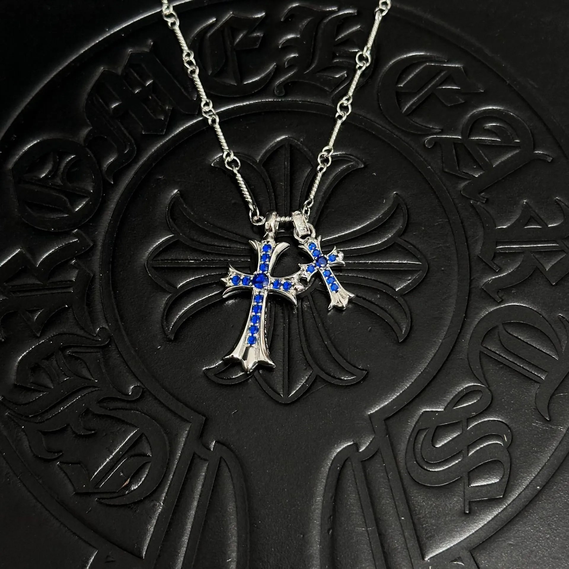 Bamboo Link Chain/Silver Dark Blue Diamond