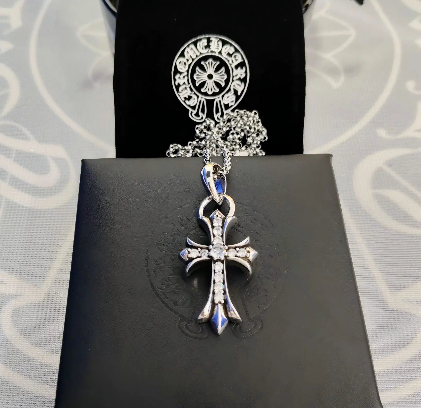 Cross with Diamond and Pearl Chain