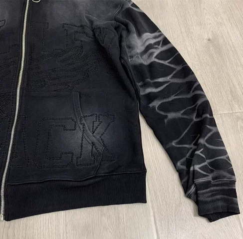 Unbranded Hoodies & Sweatshirts Zip-Up Hooded Sweatshirt with Embossed Graphic and Striped Sleeves product detail image 10