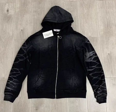 Unbranded Hoodies & Sweatshirts Zip-Up Hooded Sweatshirt with Embossed Graphic and Striped Sleeves product detail image 1