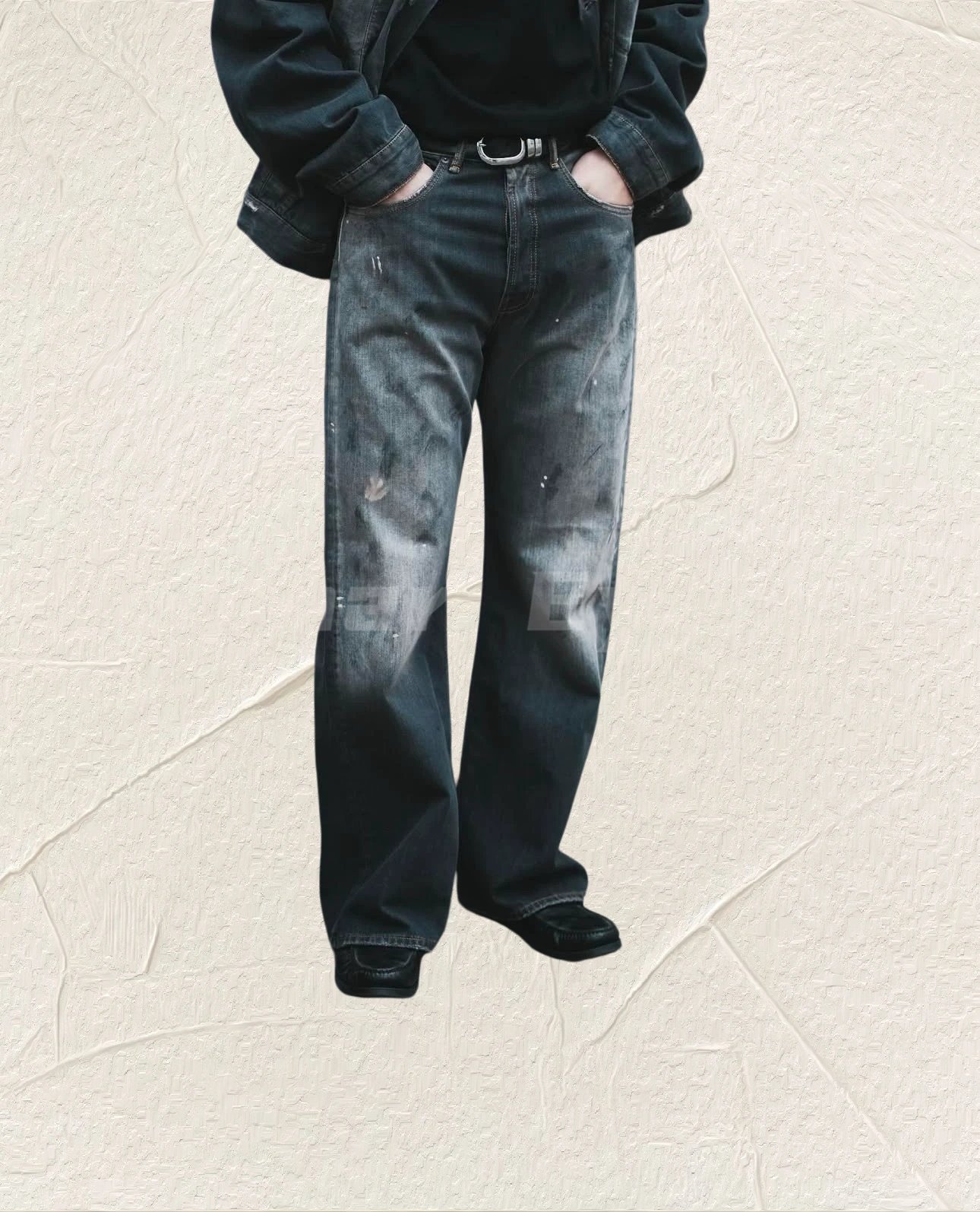 Roaring Little Eyes AC 25SS Black Grey 2021M Water Washed Vintage Graffiti Splashed Loose Casual Jeans R21
