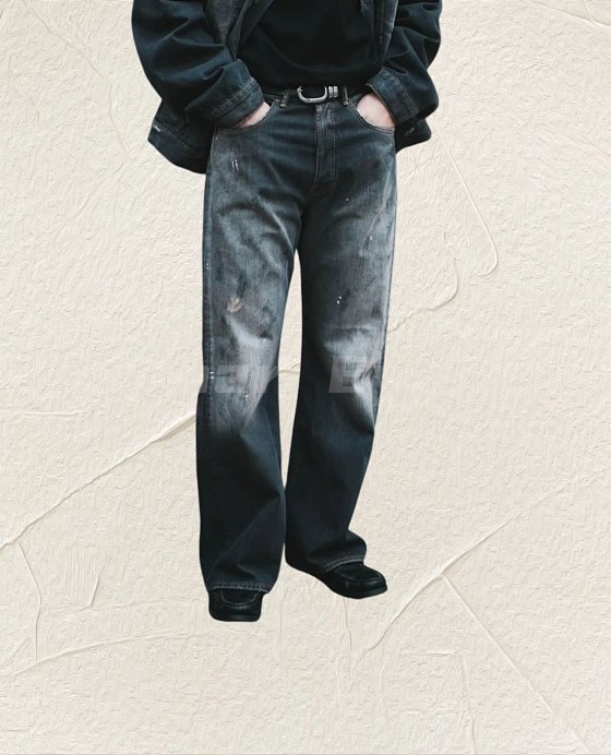 Roaring Little Eyes AC 25SS Black Grey 2021M Water Washed Vintage Graffiti Splashed Loose Casual Jeans R21