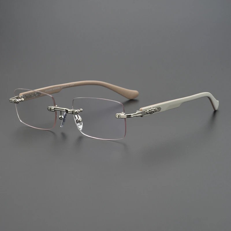 Rimless Eyeglasses Silver Beige Classic Optical Frame