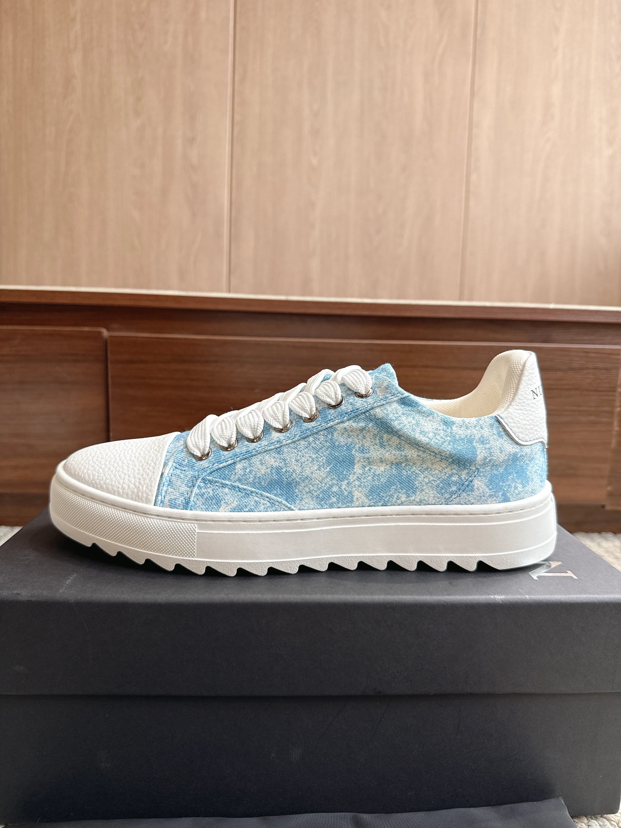 Printed in white and blue