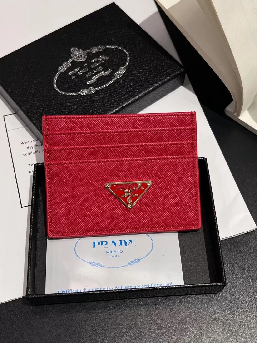 Prada Triangle Logo Card Holder Black Saffiano Leather Wallets - 5