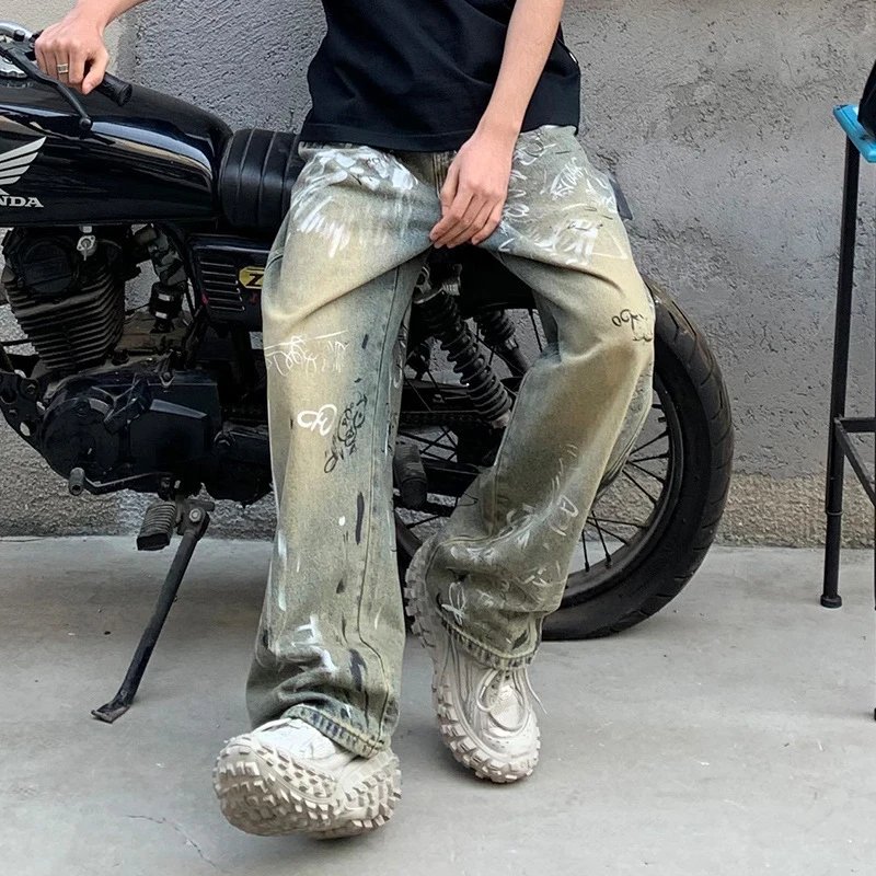 Oversized Distressed Paint-Splatter Olive Green Streetwear Jeans