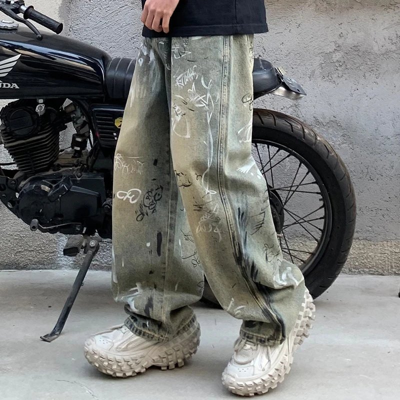 Oversized Distressed Paint-Splatter Olive Green Streetwear Jeans