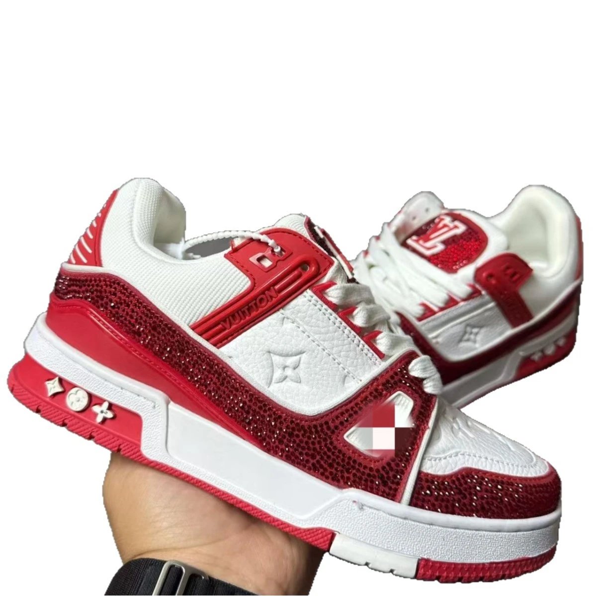 Louis Vuitton Trainer White Green Crystal Embellished Sneakers