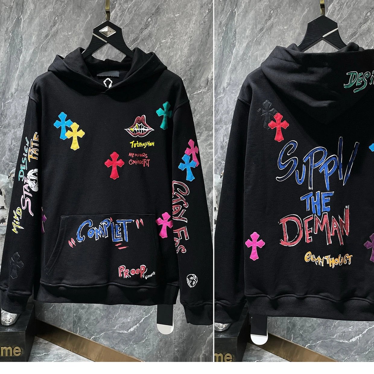 Chrome Hearts Hooded Sweatshirt Black White Red Gray Black Blue Charcoal Orange Lime Yellow Pink Black Gradient Embroidered Graphic Streetwear