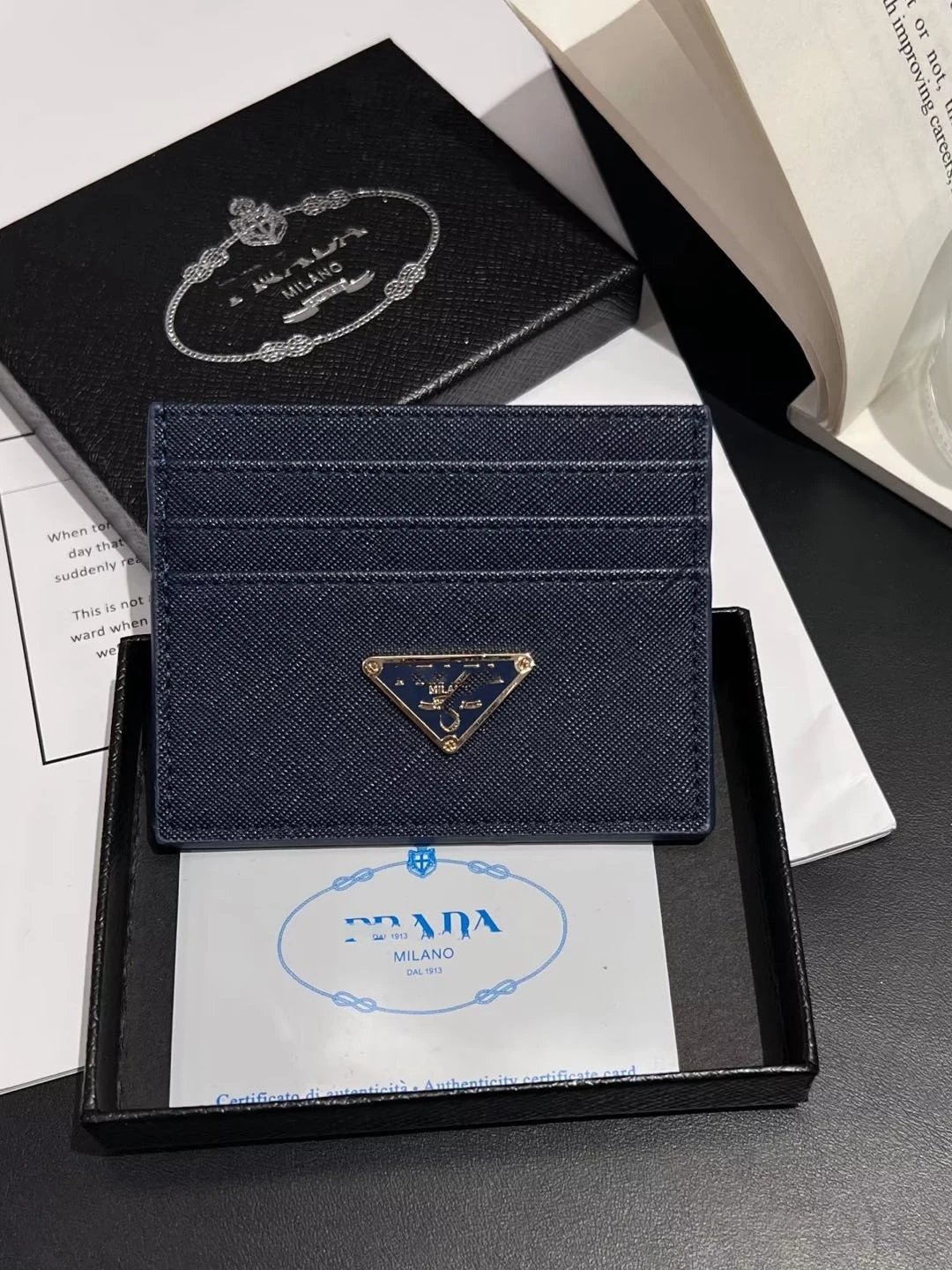 Prada Triangle Logo Card Holder Black Saffiano Leather Wallets - 6